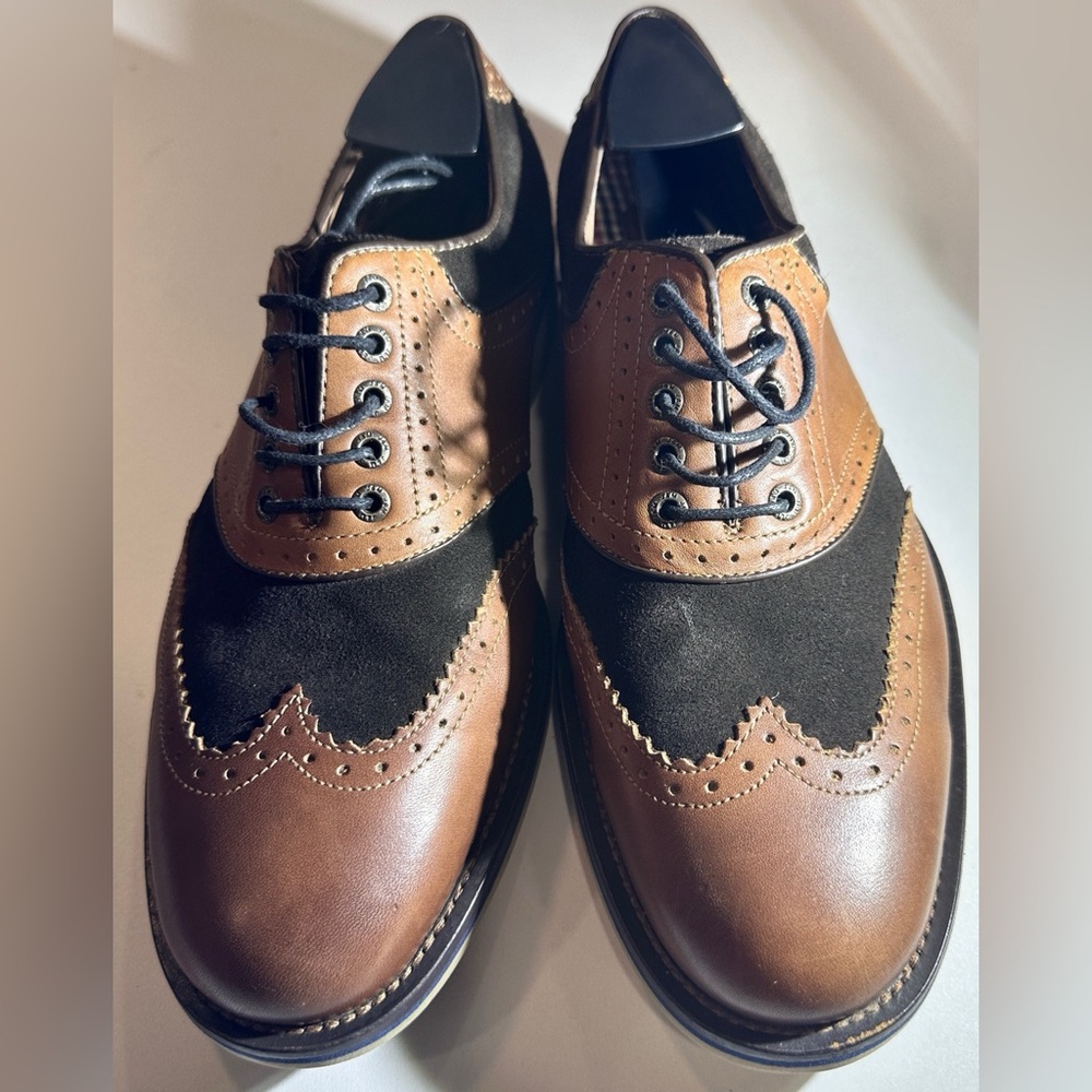 Johnston & Murphy Ellington wingtip sheepskin brown leather black suede oxfords
